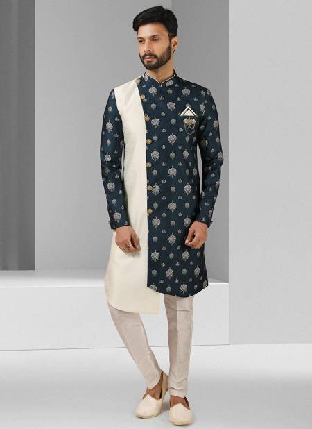 Cream And Blue Colour Excluisve Wear Art Silk Digital Print Kurta Pajama With Jacket Mens Collection 1448